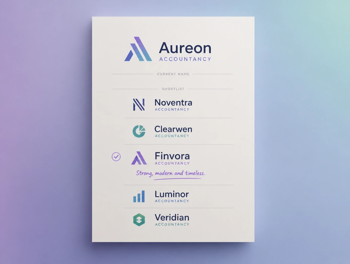 A naming sheet placing the current name against a shortlist with a line under the choice