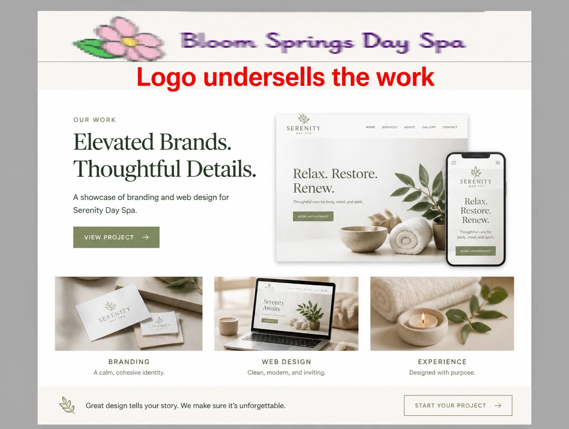 A day spa's page of careful work topped by a crude stretched clipart logo, labelled in red