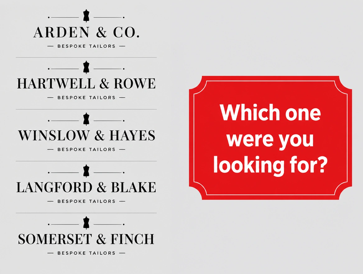Five near identical bespoke tailor logos listed together under a red label asking which one you wanted