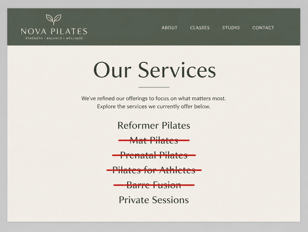 A pilates studio's website header with the services it no longer offers struck through in red