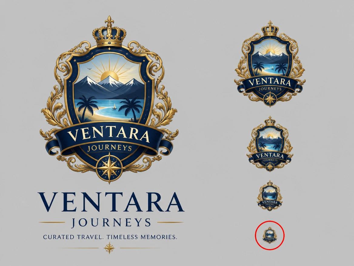 An over detailed travel agency crest shrinking to an unreadable blur, the smallest ringed in red
