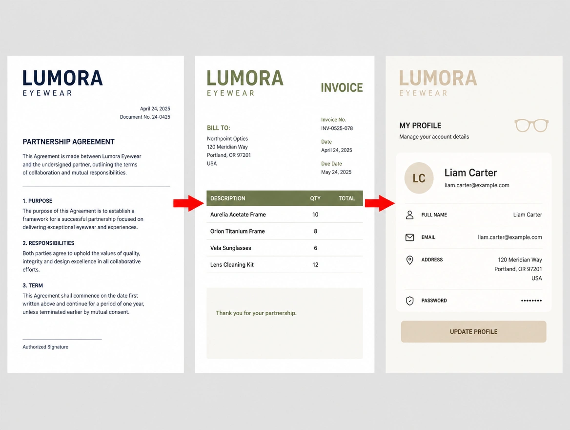 One eyewear brand logo printed in three different shades across a document, an invoice and a profile, arrowed in red