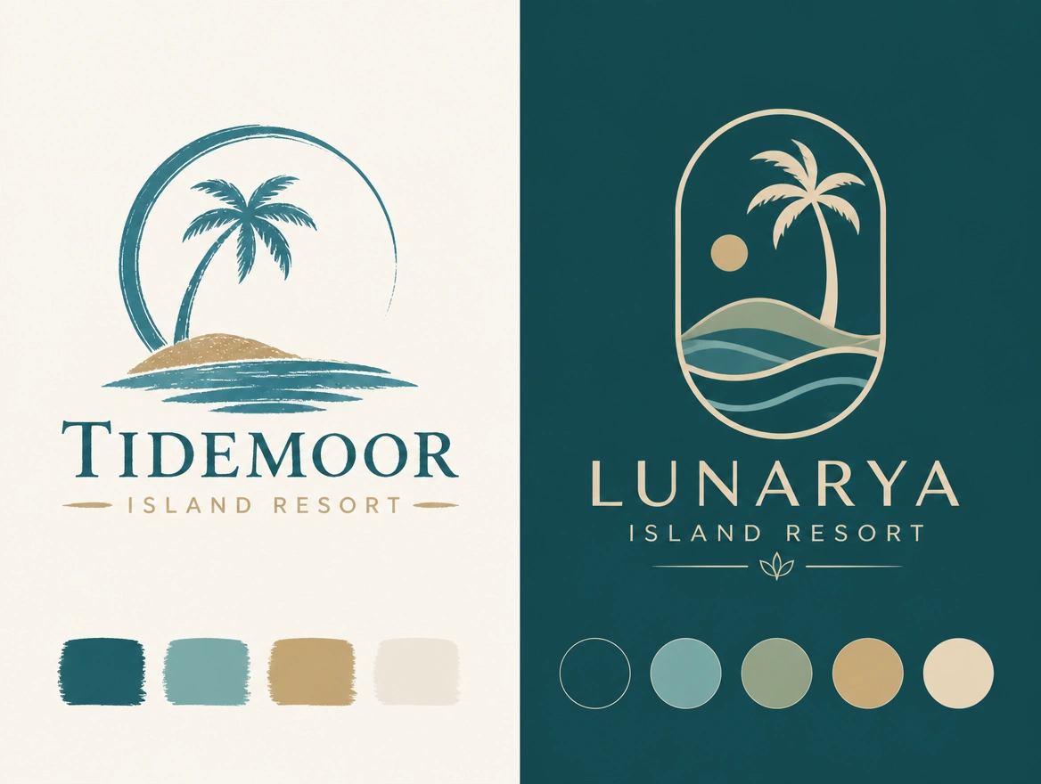 A before and after board pairing a island resort's first logo with its redrawn version and palette