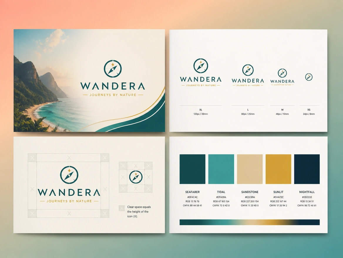A guidelines spread setting logo sizes, clear space and the colour codes for one business