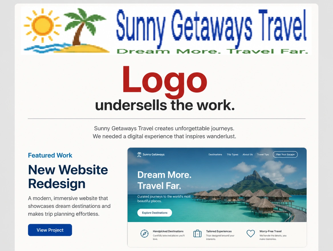 A travel agency's page of careful work topped by a crude stretched clipart logo, labelled in red