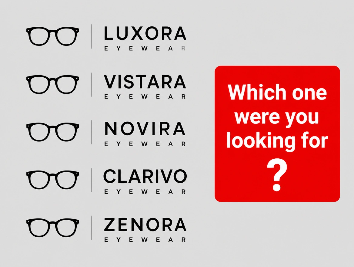 Five near identical eyewear brand logos listed together under a red label asking which one you wanted