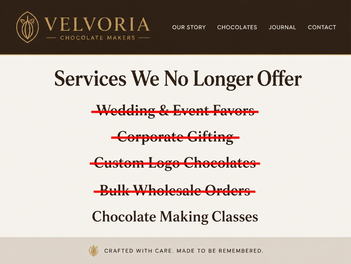 A chocolate maker's website header with the services it no longer offers struck through in red