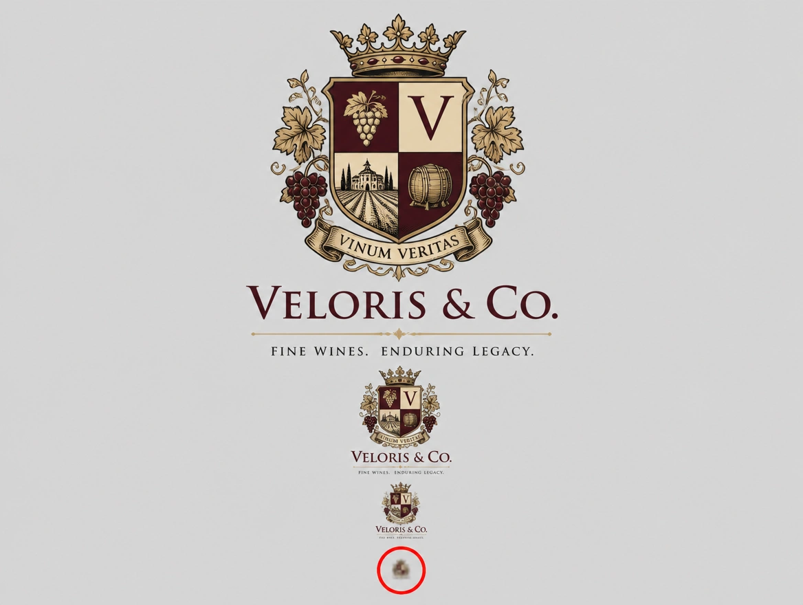 An over detailed wine merchant crest shrinking to an unreadable blur, the smallest ringed in red