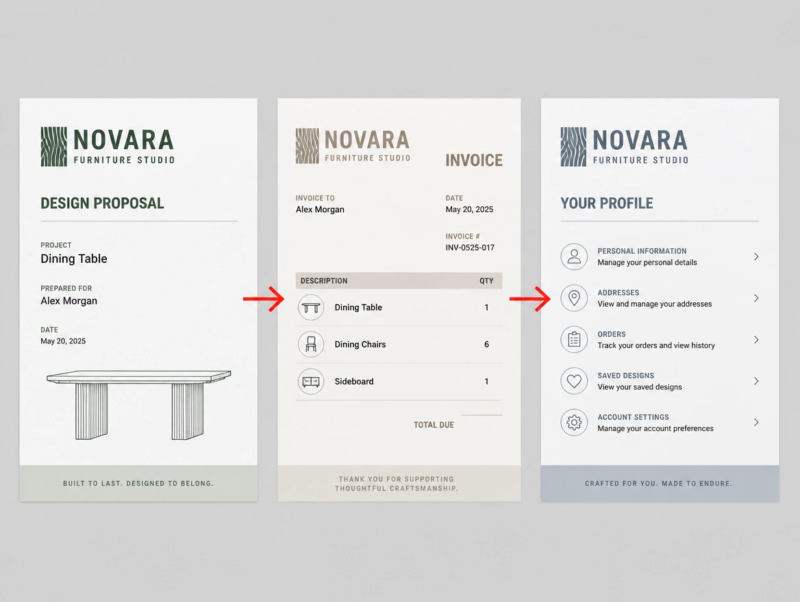 One furniture maker logo printed in three different shades across a document, an invoice and a profile, arrowed in red