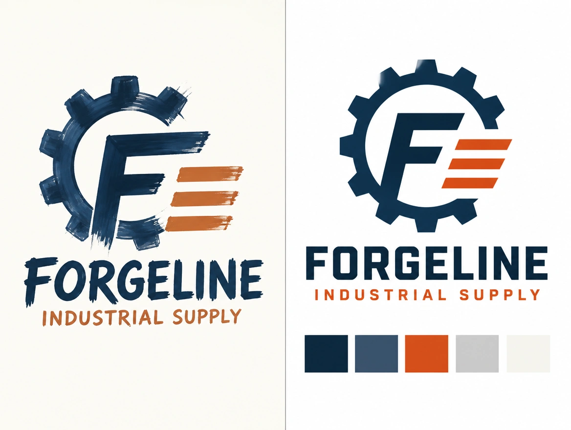 A before and after board pairing a industrial supplier's hand-painted logo with its redrawn version and palette