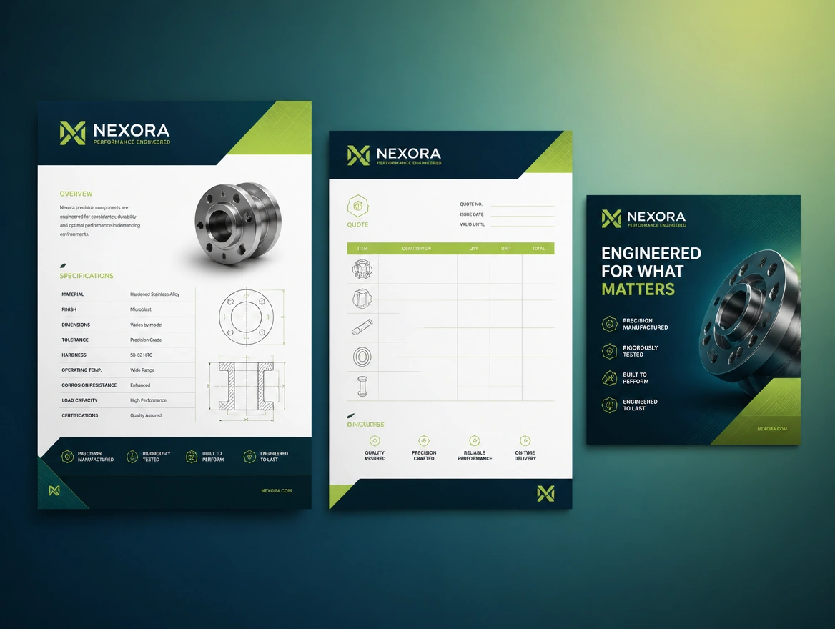 A quote document, a letterhead and a social template sharing one redrawn identity