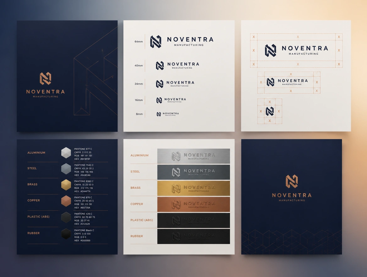 A guidelines spread showing logo sizes, clear space and the colour codes written out