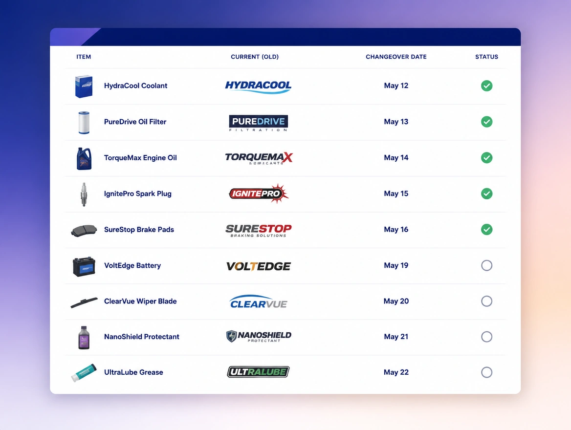 A dated changeover plan listing every place the old logo appears with a day beside each