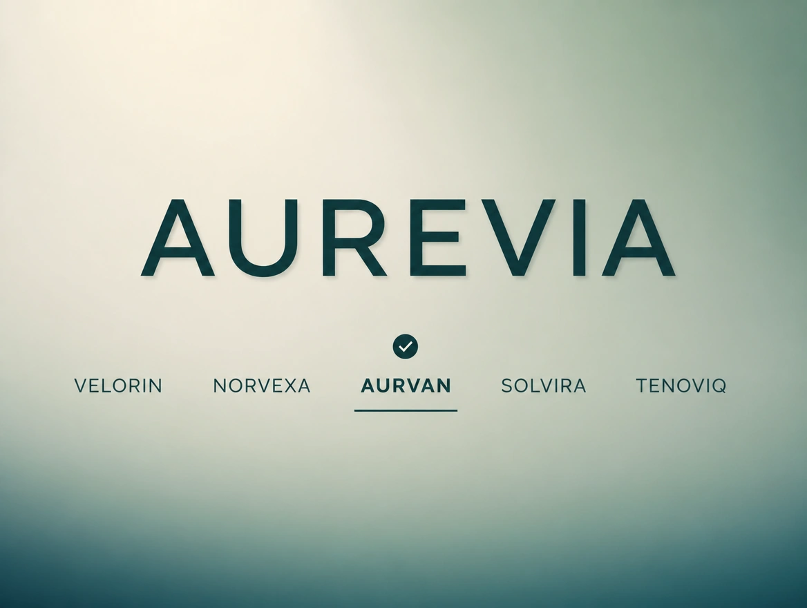 A naming sheet testing a company name against alternatives with one short line beneath