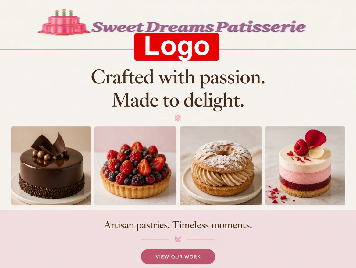 A patisserie's page of careful work topped by a crude stretched clipart logo, labelled in red