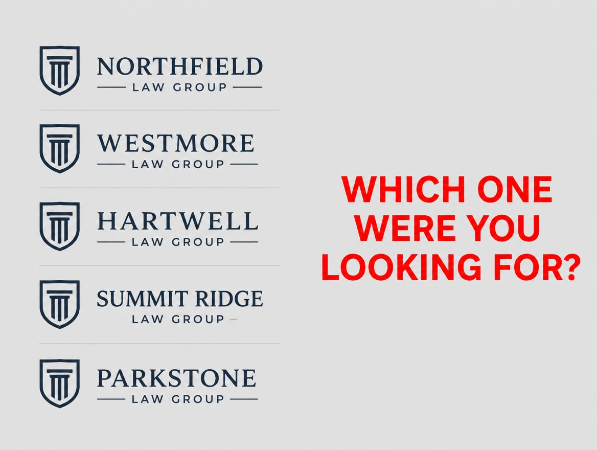 Five near identical law firm logos listed together under a red label asking which one you wanted
