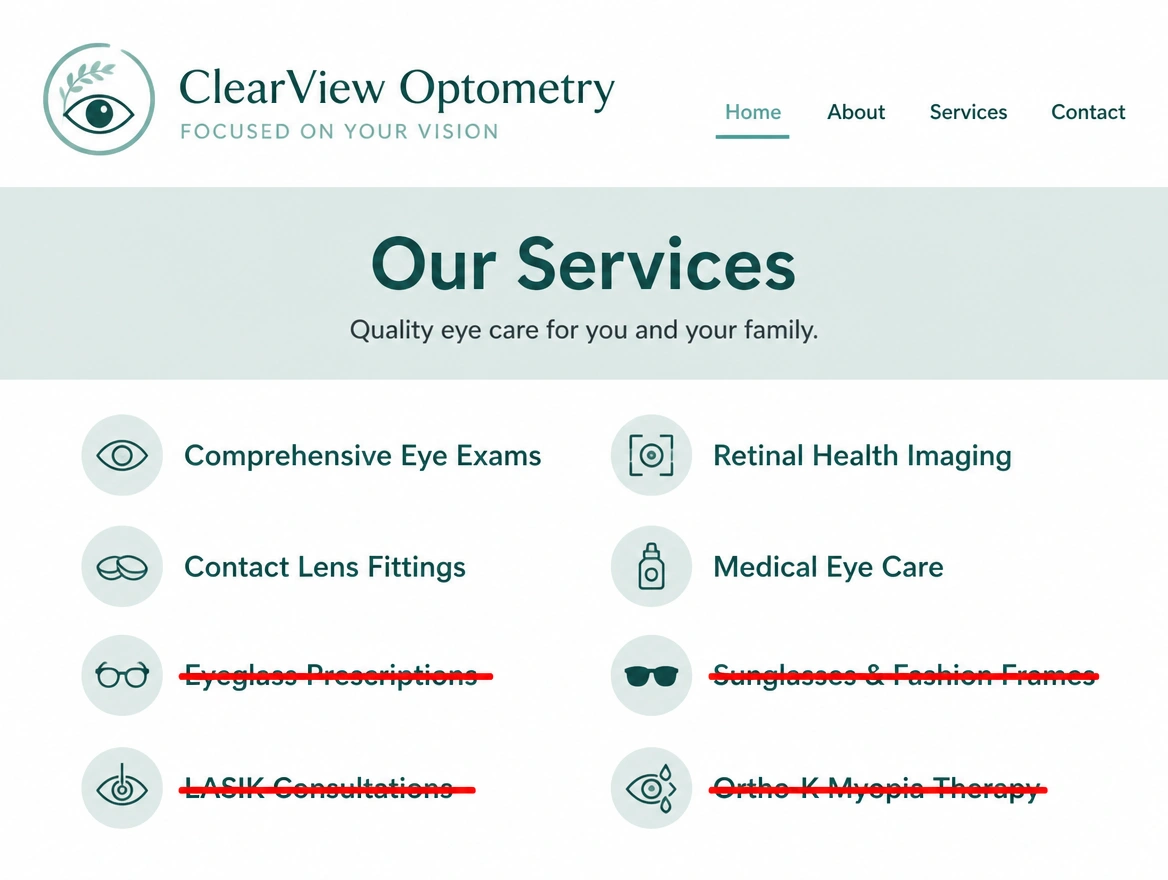 A optometry practice's website header with the services it no longer offers struck through in red