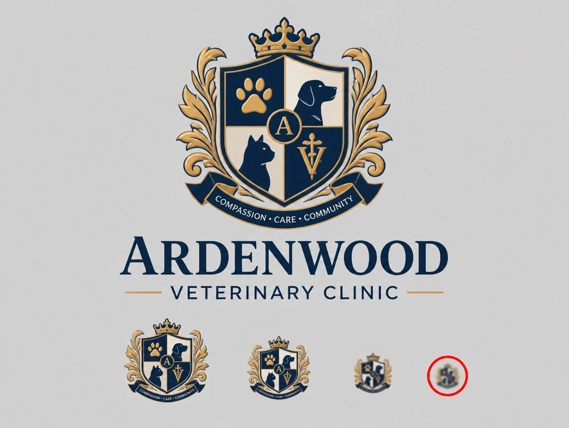 An over detailed veterinary clinic crest shrinking to an unreadable blur, the smallest ringed in red