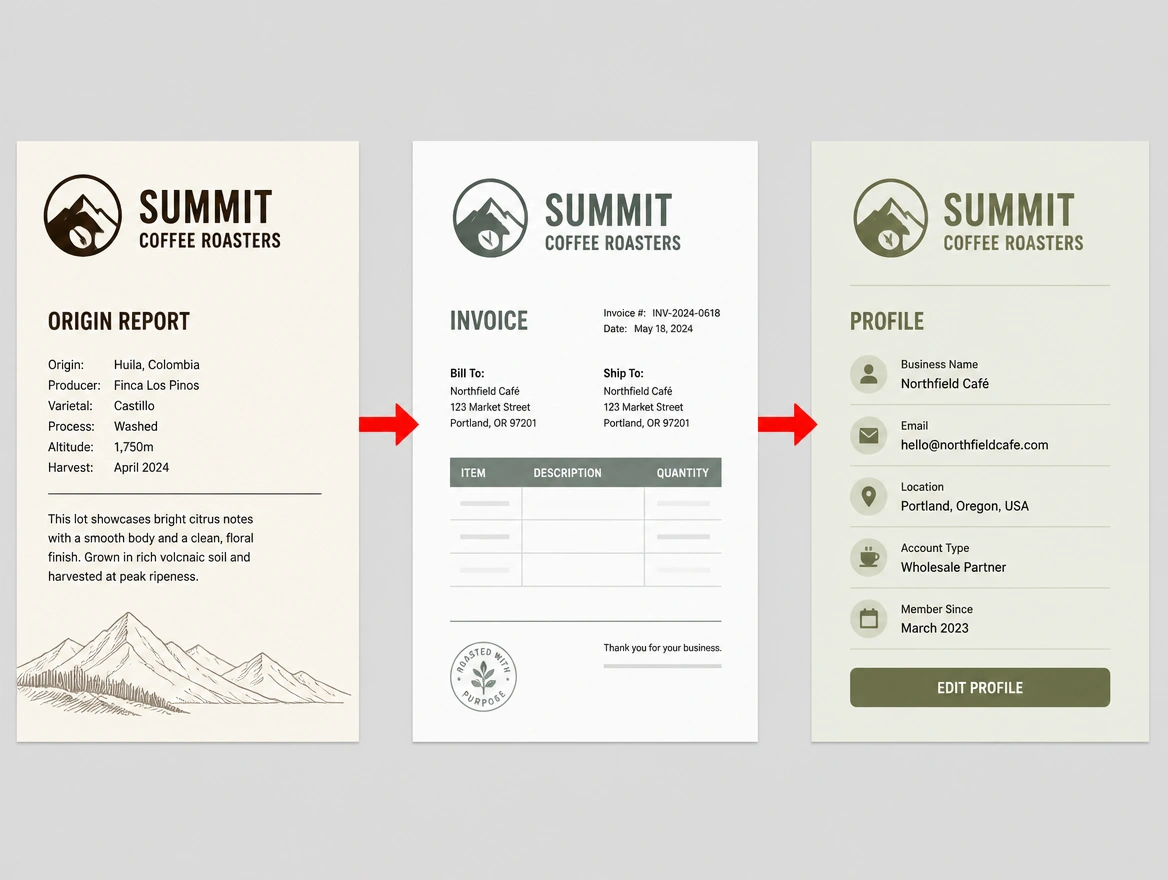 One coffee roastery logo printed in three different shades across a document, an invoice and a profile, arrowed in red