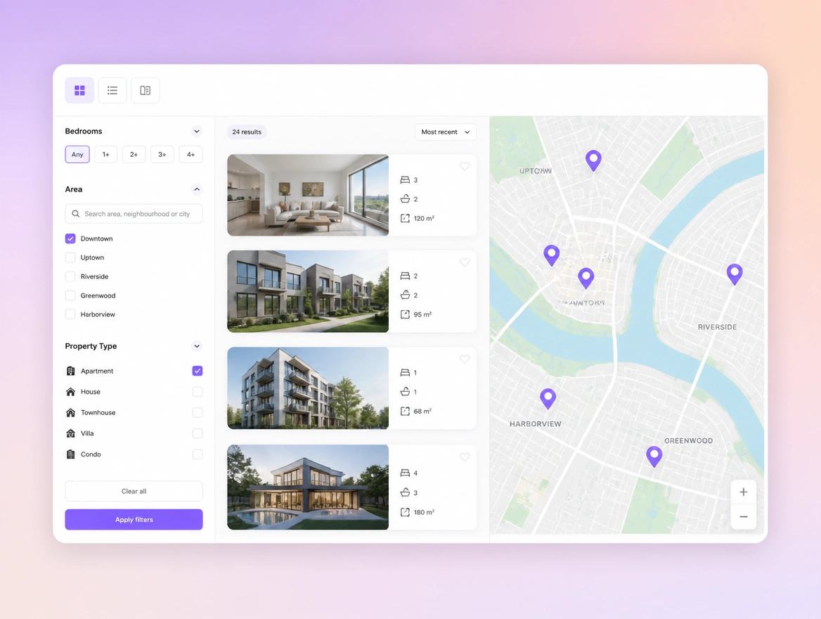 A property search with bedroom and area filters, listing cards and a map of pins