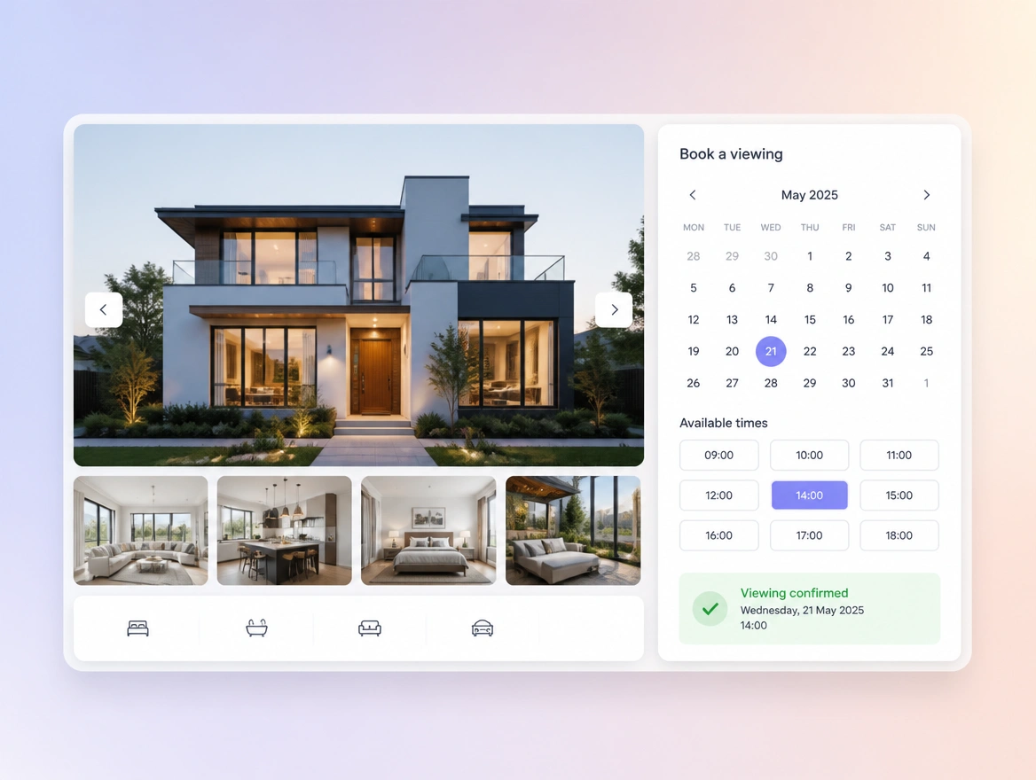 A property photo gallery beside a booking calendar with a confirmed viewing time