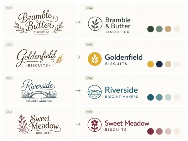 A before and after board pairing a biscuit maker's hand-lettered label with its redrawn logo and palette