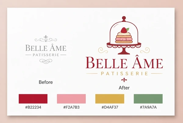 A board showing an old patisserie logo beside the new redrawn logo and its colours