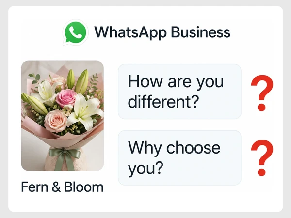 Fern & Bloom's WhatsApp chat asks how the florist differs and why customers should choose it.