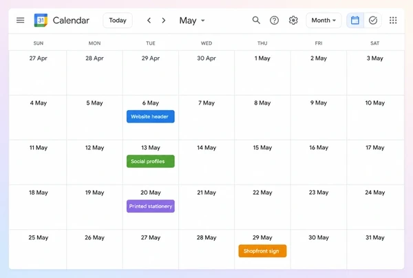 A Google Calendar month view with four dated steps of an art gallery rebrand rollout