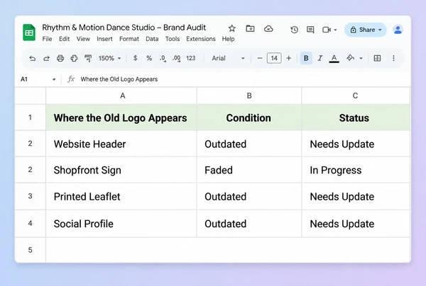 A Google Sheets brand audit listing four places a dance studio logo still appears