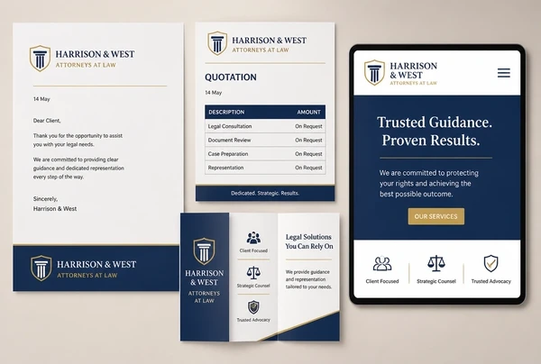 A letterhead, quotation, leaflet and website header for a law practice rebuilt in the new brand