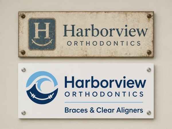 An old orthodontic practice name plate above a new plate carrying the updated logo and line