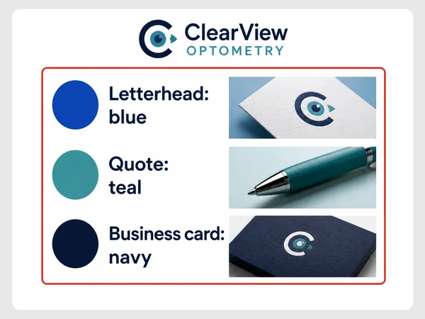 ClearView Optometry uses blue, teal, and navy across its letterhead, quote, and business card.