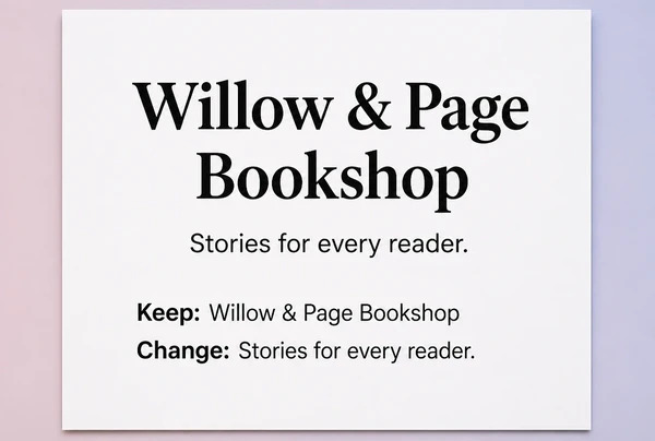 A printed page showing a bookshop business name with a proposed brand line and notes