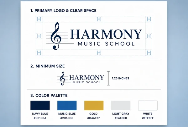 A printed music school guidelines page showing logo spacing, minimum size and colour codes