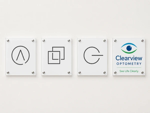 Four sign panels in a row where only the rebranded optometry practice one carries full colour