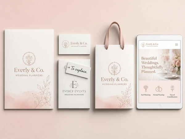 Four wedding planner items where three carry the new identity and one still shows the old logo