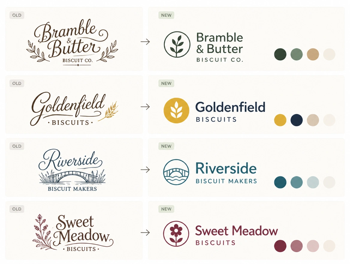 A before and after board pairing a biscuit maker's hand-lettered label with its redrawn logo and palette
