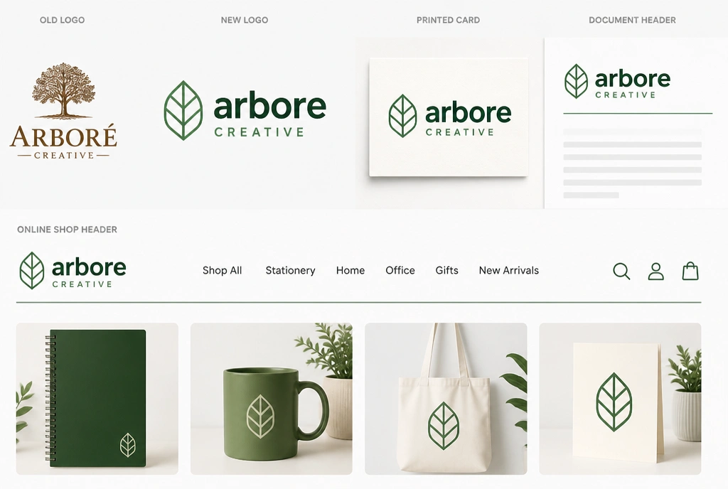 A matched set of a printed card, a document header and an online shop header in one redrawn logo