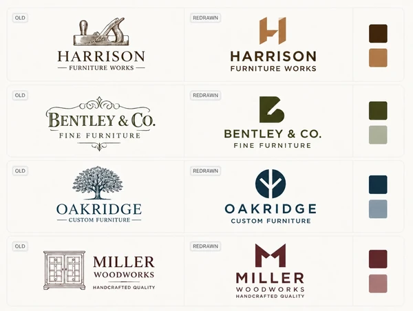 A before and after board pairing a furniture maker's trade-counter logo with its redrawn version and palette