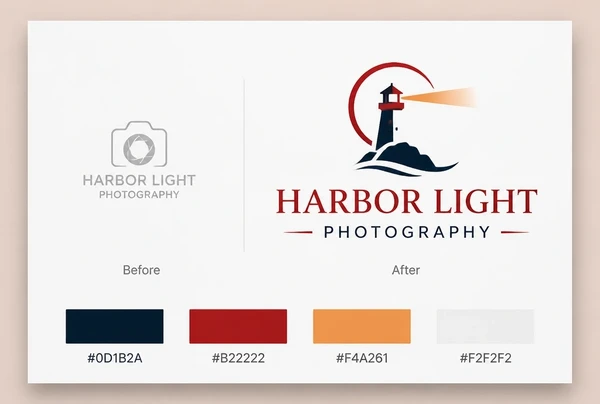 A board showing an old photography studio logo beside the new redrawn logo and its colours