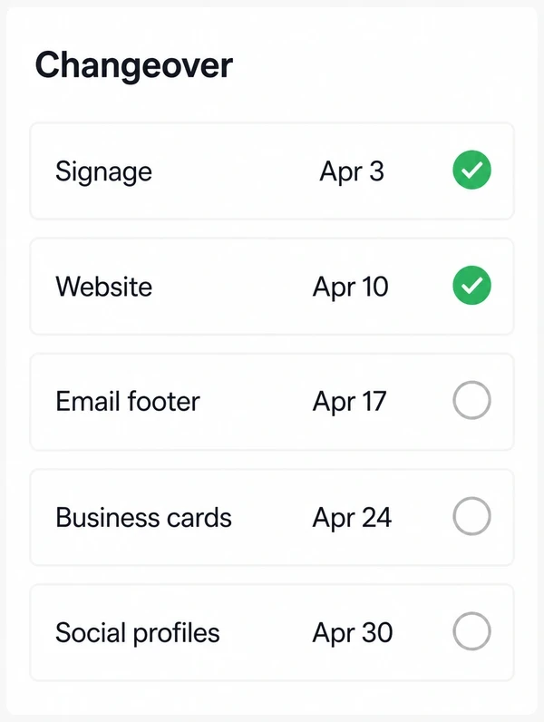 A changeover panel for a cycling brand listing five items, each with an April date and a tick