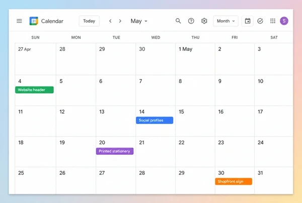A Google Calendar month view with four dated steps of a florist rebrand rollout