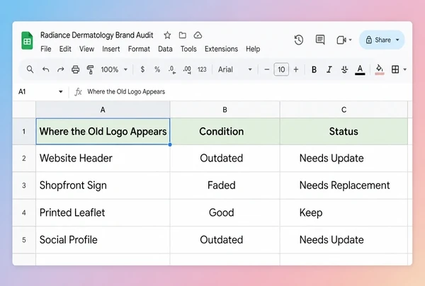 A Google Sheets brand audit listing four places a dermatology clinic logo still appears