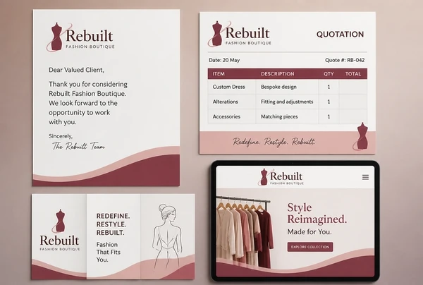 A letterhead, quotation, leaflet and website header for a fashion boutique rebuilt in the new brand