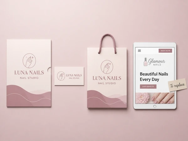 Four nail studio items where three carry the new identity and one still shows the old logo