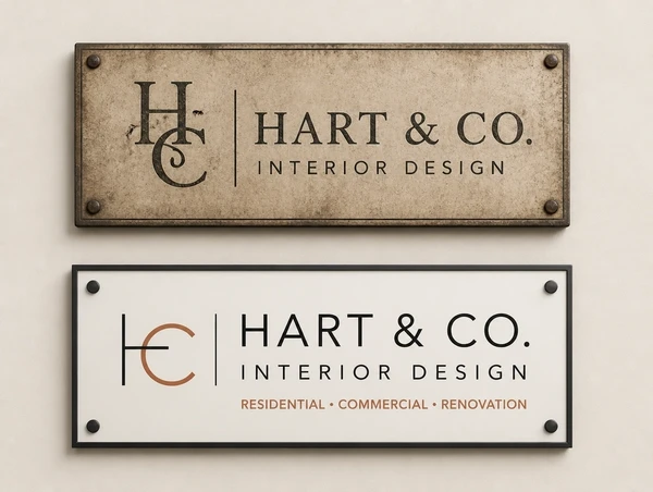 An old interior design studio name plate above a new plate carrying the updated logo and line