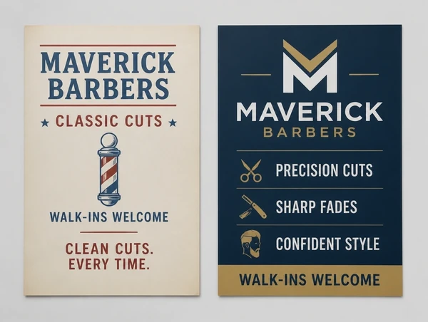 An older barber shop leaflet beside the updated version carrying the same business name