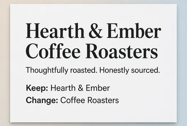 A printed page showing a coffee roastery business name with a proposed brand line and notes