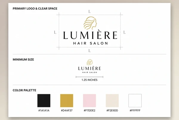 A printed hair salon guidelines page showing logo spacing, minimum size and colour codes